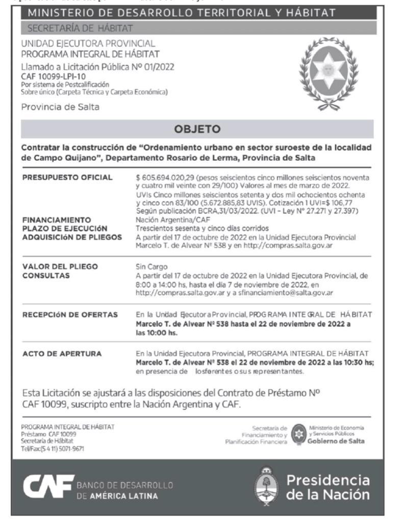Ordenamiento Urbano en el suroeste de Campo Quijano: se publicó la Licitación Pública Internacional